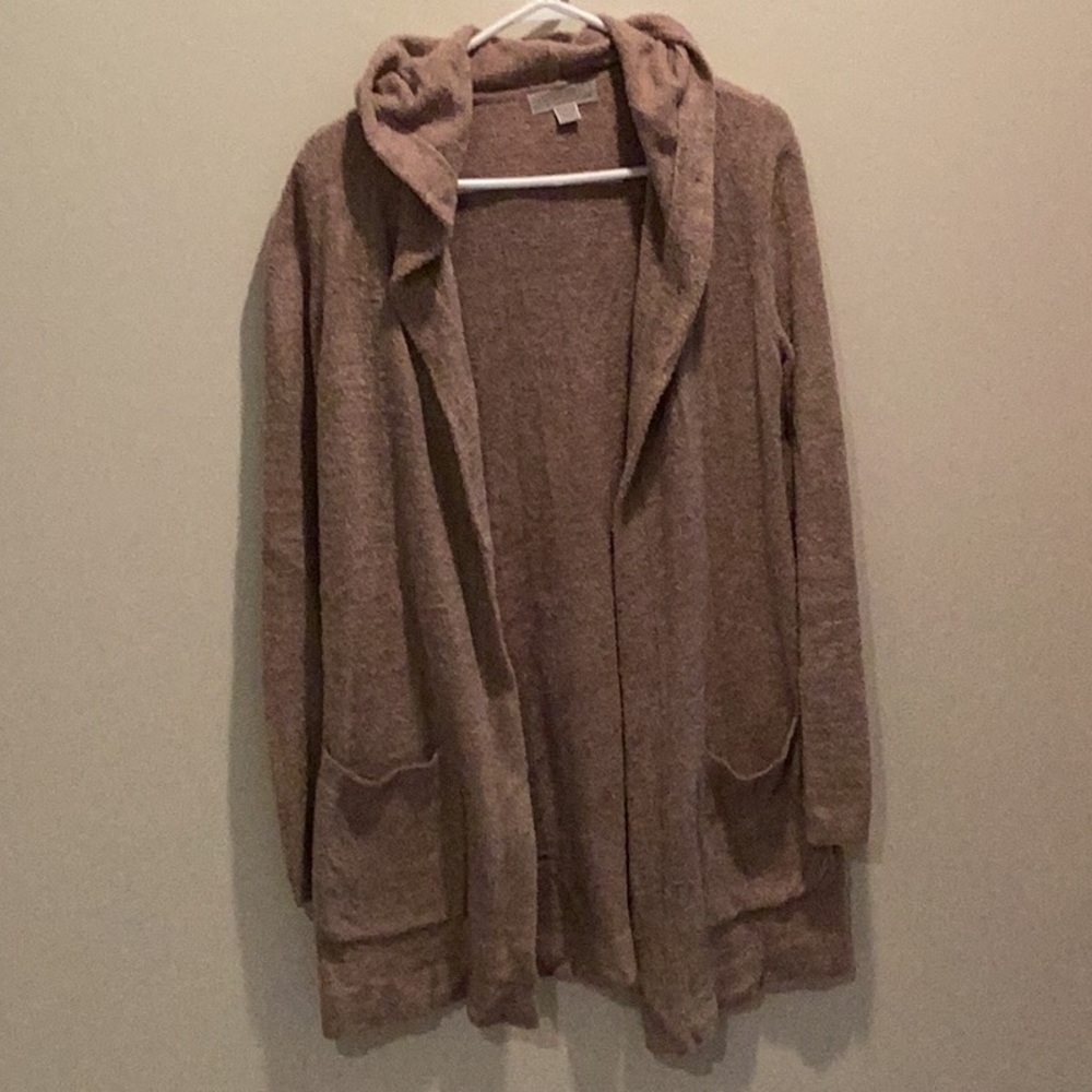 Barefoot dreams taupe cardigan with a hood in size small